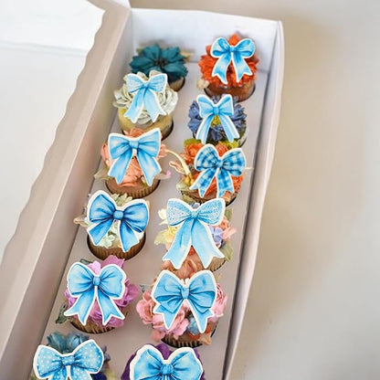 Gyufise 50Pcs Edible Blue Bowknot Cupcake Toppers Wafer Paper Bowknot Cake Dessert Picks Baby Shower Princess Cupcake Toppers for Birthday Party Decoration Supplies
