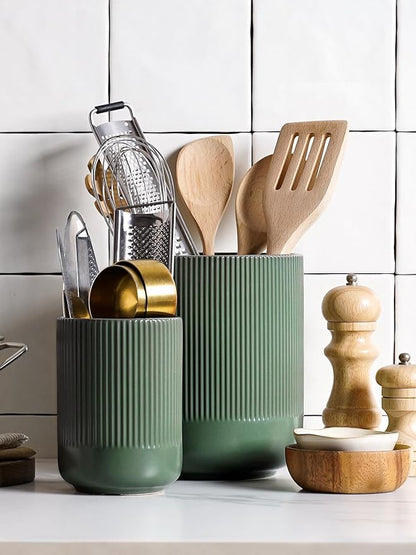LE TAUCI Utensil Holder, 7.3"+5.4" Ceramic Kitchen Utensil Holder for Countertop, Large Cooking Utensil Crocks for Kitchen Counter, Morden Utensil Organizer for Spatula, Set of 2, Forest Green