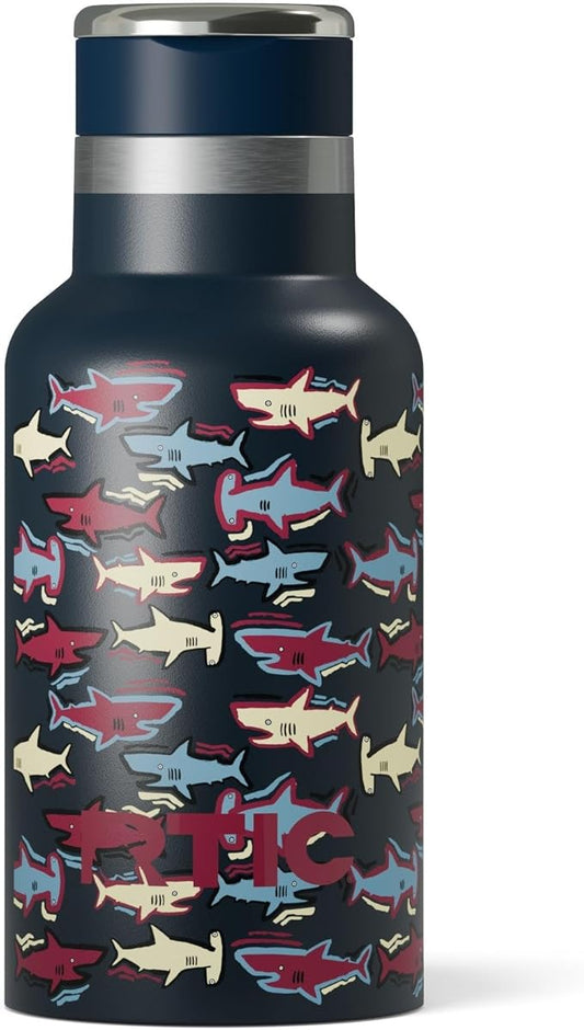 RTIC Little Journey Bottle with Straw, Insulated, Stainless Steel, Metal, Double Wall Vacuum-Insulation, Ceramic-Lined, Leak-Proof Lid, BPA-Free Water Flask for Sports, Travel, Navy Sharks