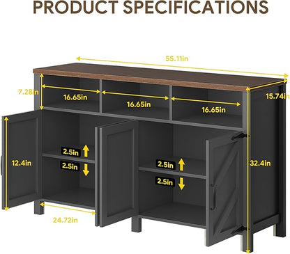 Buffet Sideboard with Storage Farmhouse with 4 Doors, 55'' Large Kitchen Storage Cabinet Wood Coffee Bar Cabinet Buffet Table with Shelves for Kitchen, Dining Room, Entryway (Black, 55 in)
