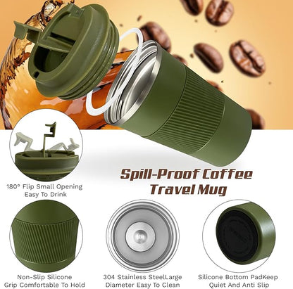 Vacuum-Insulated Stainless Steel Travel Coffee Mug, Leak-Proof Reusable Coffee Cup with Lid - Keep Hot & Cold Drinks for Hours, Durable Thermos Tumbler for Men & Women (3rd-Green, 17OZ)