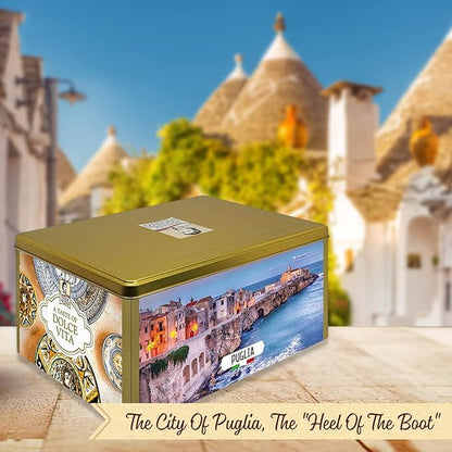 Pasticceria Matilde Vicenzi Puglia Cookie Gift Tin - Assorted Variety Of Bite Size Cream Filled Pastries & Gourmet Italian Shortbread Cookies In Individually Wrapped Trays - Baked Fresh In Italy, 720g