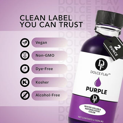 Dolce Flav Natural Purple Food Coloring – 2 oz Liquid Dye from Red Radish & Huito with Graduated Dropper | Water-Soluble | For Baking, Drinks & Frostings | Kosher | Made in USA