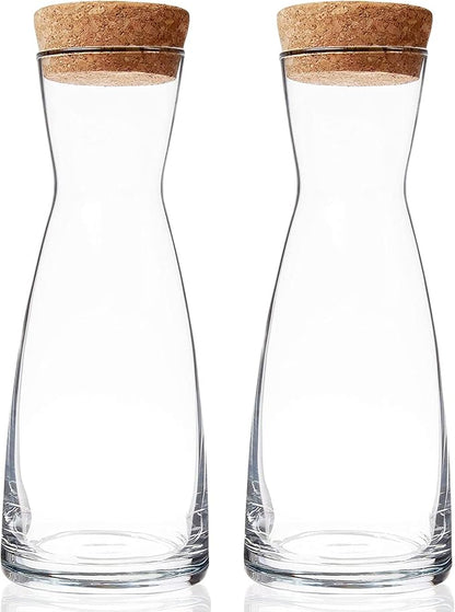 Bormioli Rocco Ypsilon Carafe Set with Cork Lids, Set of 2-36.25 oz Stylish Drink Set for Water, Milk, Juice, or Wine - Dishwasher Safe Modern Glassware for Dining & Entertaining