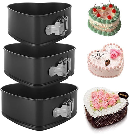 Springform Pan Set of 3 Heart Cake Pan, Heart Springform Pan with Removable Bottom, Springform Cake Pans Non-stick Bakeware for Cheesecakes, Pizza, and Quiches (7, 7.8, 8.6 inch)