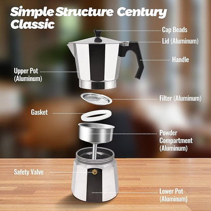 2 Cup Aluminum Moka Pot Classic Stovetop Espresso Coffee Maker 100ml 3.4oz Coffeemaker Percolator Mocha Pot Greca Coffee Maker Cafe Makers for Italian and Cuban Café Brewing Silver