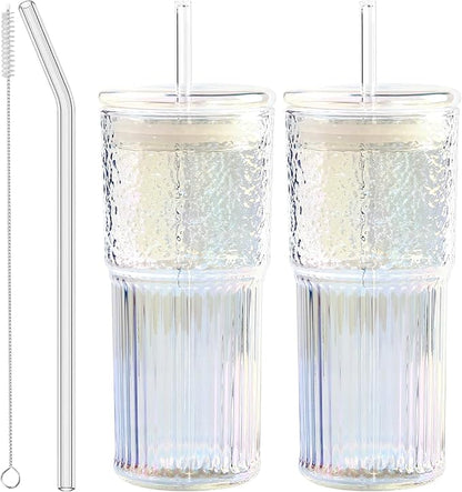 Glass Cups with Lids and Straws, 20 OZ Multi Iced Coffee Glasses Tumblers for Ice Water, Juice, Tea, Milk, Smoothie and Cold or Hot Drinks, Set of 2