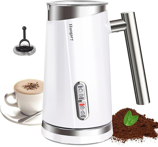 Huogary 4-in-1 Milk Frother, Updated Milk Frother and Steamer, Milk Steamer for Milk Foam & Hot Milk(4.39oz/10.5oz), Electric Milk Warmer and Frother for Coffee, Latte, Cappuccino White 120V