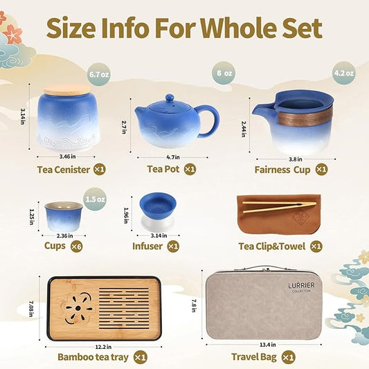 LURRIER Gongfu tea sets, Portable Ceramic TeaSet, Asian Tea sets for adult, Tea Gift sets, Grey leather case, Portable Travel Bag,Home,Gifting,Outdoor and Office(XBlue and White)