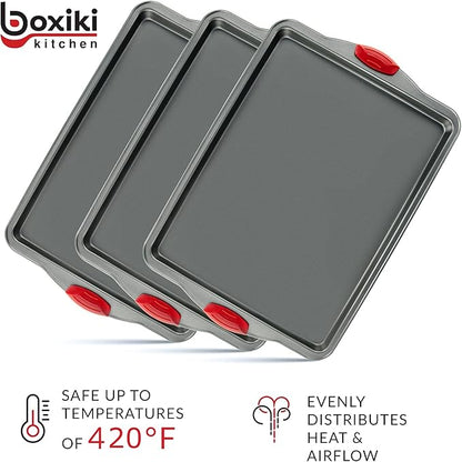 Premium Nonstick Baking Sheet Pans – Set of 3, Heavy-Gauge Carbon Steel, Warp, Dent, and Rust-Resistant – Gourmet Rimmed Half Cookie Sheet Trays, Non-Toxic for Exceptional Baking Performance