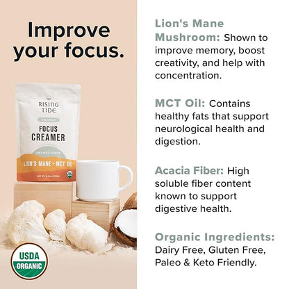 Rising Tide Organic Mushroom Superfood Creamer - Coconut Milk Powder, Lions Mane Mushrooms, & MCT Oil - Dairy Free, Unsweetened, Keto Friendly & Plant-Based - Only 4 Ingredients - Add to Coffee, Matcha or Smoothies