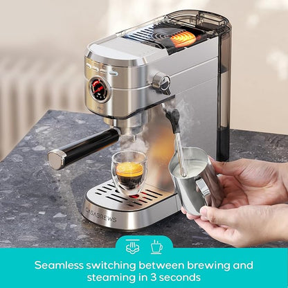 CASABREWS 5418 PRO Espresso Machine 20 Bar, Upgraded Espresso Maker with Powerful Steam Milk Frother, Stainless Steel Coffee Machine with Fast Heating System for Cappuccino, Latte, Silver
