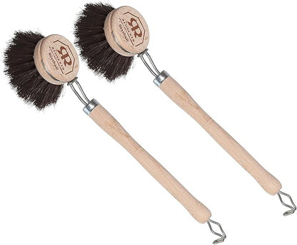 Redecker German-Made Horse Hair Bristle Dish Brush, Soft All-Purpose Scrubber for Kitchen & Household with Strong Horse Hair Bristles, 1-1/2 inch Replaceable Brush Head, Set of 2, 9-inches Long
