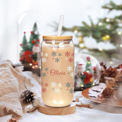Mason Life Personalised Christmas Cup, 18oz Clear Glass Cups with Lids and Straws，Cute Cups for Women，Snowflake Design, Drinking Cup with Bamboo Lids, Christmas Gifts for Men, Women and Friends
