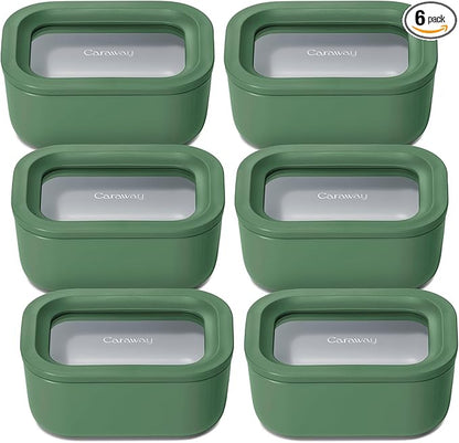 Caraway 6pc Glass Food Storage Set - 2.6 Cup Storage Containers For Food (6) - Non-Toxic Ceramic-Coated Glass - Air Release Technology - Compact & Stackable Design - Sage