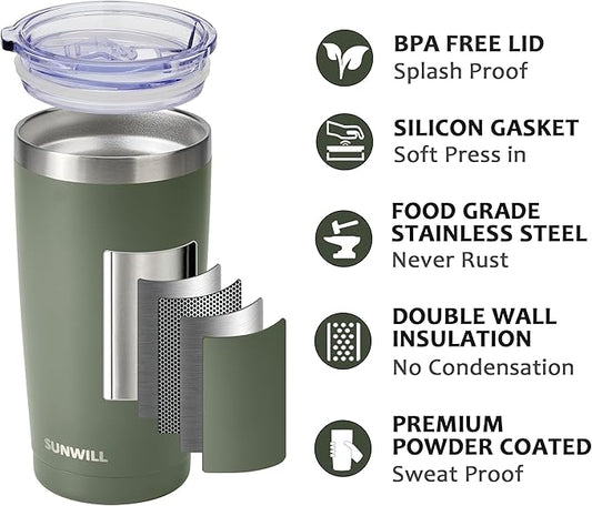 SUNWILL Travel Coffee Tumbler 20 oz, Insulated Mug with Lid, Stainless Steel Iced Cup for Outdoor, Powder Coated Camp Green