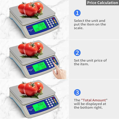 Large Digital Kitchen Scale 30KG Commercial Food Scale 66LB for Baking Bread Meat Stainless Steel Price Computing Scale LCD Display,Prep Counting Scale for Parts and Coins Adapter Included