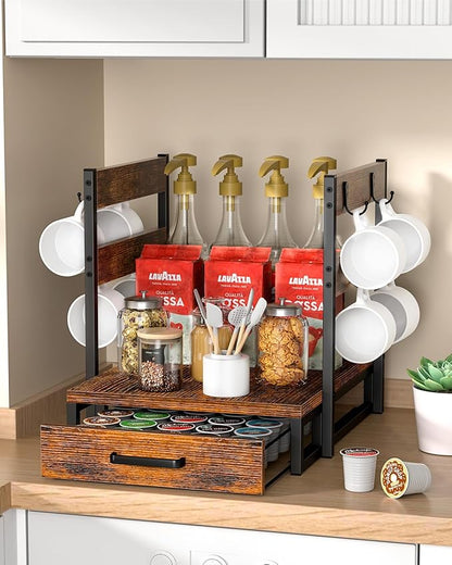 K Cup Holder, 35 Pod Capacity, Coffee Pod Holder Compatible with Keurig, Coffee Station Organizer for Countertop with Cup Rack, Rustic Brown