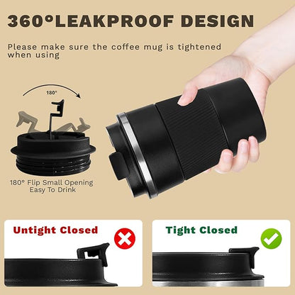 Vacuum-Insulated Stainless Steel Travel Coffee Mug, Leak-Proof Reusable Coffee Cup with Lid - Keep Hot & Cold Drinks for Hours, Durable Thermos Tumbler for Men & Women (3rd-Black, 12OZ)