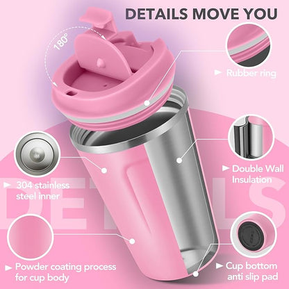 Volhoply 12 oz Double Wall Insulated Vacuum Travel Coffee Mug with Flip Lid Bulk 8 Pack,Reusable Stainless Steel Leak Proof Coffee Cup,Portable Cafe Thermal Tumblers for Hot & Cold Drinks(Pink,8 Set)