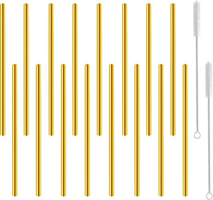 Short Cocktail Straws, Metal Stainless Steel Reusable Straw Small Mini 6 Inch for Cocktails Party Accessories Glasses Mason Jar Tumbler Coffee Juice Tea Mojito with Brush, Gold 16PCS