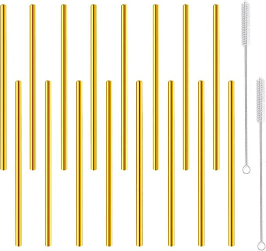 Short Cocktail Straws, Metal Stainless Steel Reusable Straw Small Mini 6 Inch for Cocktails Party Accessories Glasses Mason Jar Tumbler Coffee Juice Tea Mojito with Brush, Gold 16PCS