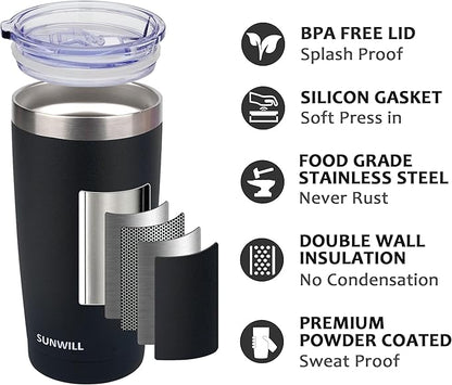 SUNWILL Travel Coffee Tumbler 20 oz, Insulated Mug with Lid, Stainless Steel Cup for Outdoor, Powder Coated Black