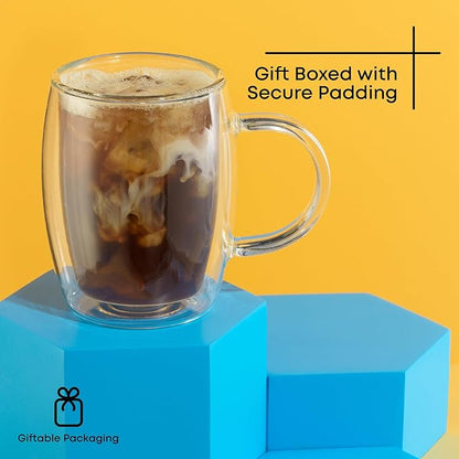 JoyJolt Double Wall Glasses 13.5-Ounce Insulated Mugs Double Walled Glass Cups For Coffee Tea Set of 2