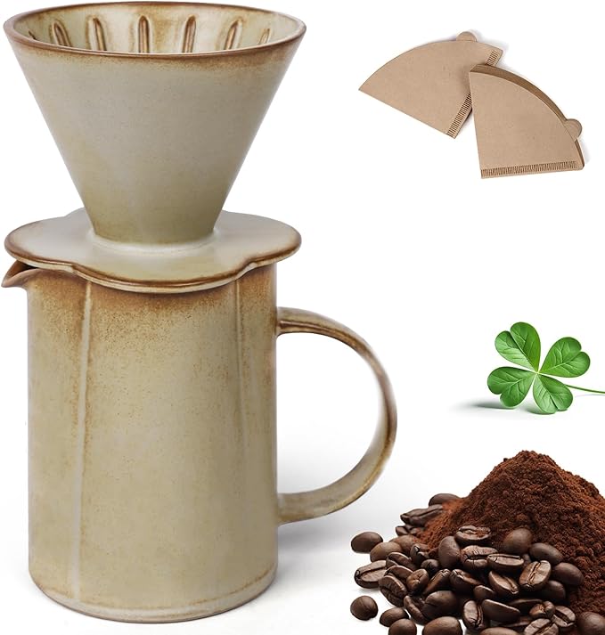 AZYM Pour Over Coffee Maker Set,V60 Coffee Dripper with 20 Count Paper Coffee Filters,Four-Leaf Clover-Shaped Drip Coffee Maker,Vintage Ceramic Carafe,for Home Brewing,Camping,17.5 oz (Yellow)