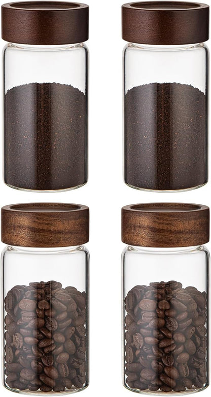 Large Glass Coffee Jars, Round Storage Canister with Wooden Lid Clear Glass Food Jar for Pantry Sugar Tea Coffee Bean Spice Nuts Cookies Bath Salts (4×250ml(8.4oz))