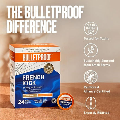 Bulletproof French Kick Dark Roast Single Serve Pods, 72 Count, 100% Arabica Coffee, Clean Coffee Tested for Toxins, Packaging May Vary