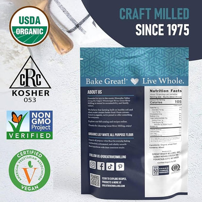 Great River Milling Lily White Organic All-Purpose Flour | Unbleached & Unbromated | Non-GMO, Kosher | Ideal for Bread, Cookies, Cakes, Pizza Dough & Everyday Baking | 5 Lb