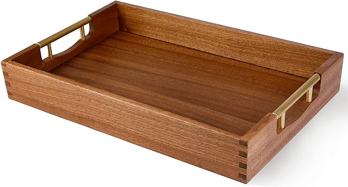 LotFancy Wood Serving Tray with Metal Handles, 17x13 Inch, Large Ottoman Tray, Decorative Wooden Tray for Living Room, Ottoman, Coffee Table, Countertop Centerpiece