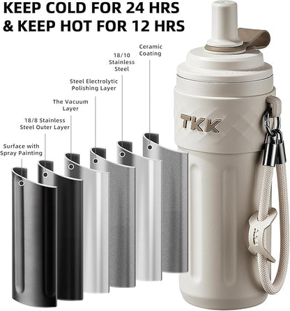 TKK 17 OZ Travel Tumbler Ceramic Lining with Straw Lid, Stainless Steel Vacuum Insulated Double Wall Coffee Tumbler, Leak Proof Iced Water Bottle with Carry Strap for Hot & Cold Drinks, Beige
