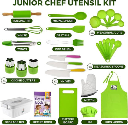 KEFF Kids Kitchen Set for Cooking & Baking with Recpie Book - Kids Knife Set for Real Cooking, Montessori Kitchen Tools for Toddlers - Real Utensils with Cutting Board and Knifes BPA-Free