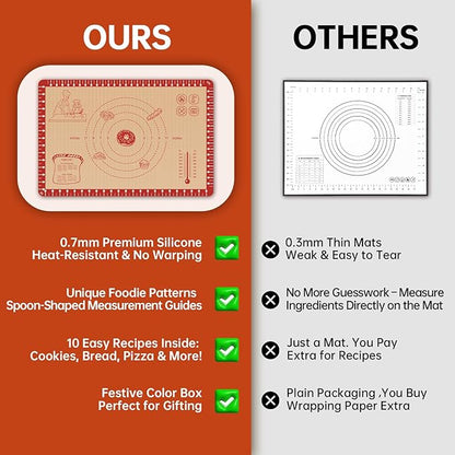 Silicone Baking Mat with Recipes, Extra Thick Silicone Mats for Baking, Non Stick Pastry Mat for Rolling Dough, Silicone Macaron Baking Mat for Cookie,Bread,Pizza,Fondant Mat, Oven&Dishwasher Safe