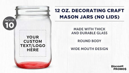 DISCOUNT PROMOS Custom Decorating Mason Jars 12 oz. Set of 10, Personalized Bulk Pack - Glass Jars for Overnight Oats, Candies, Fruits, Pickles, Spices, Beverages - Red