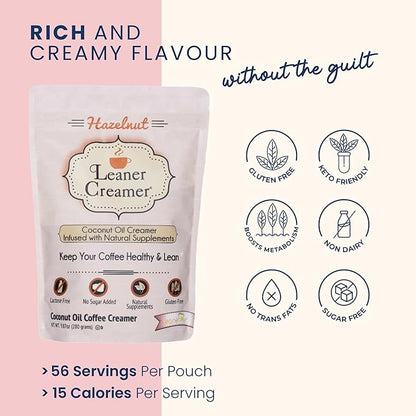 Leaner Creamer Coconut Creamer with Superfood Ingredients – Non-Dairy, Sugar-Free, Keto, Gluten-Free Powdered Coffee Creamer – Hazelnut Flavor – 280g
