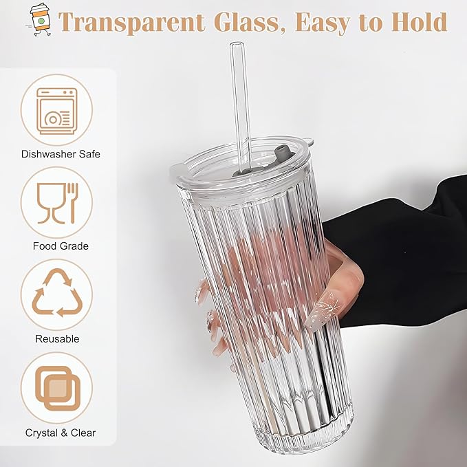 18oz Ribbed Glass Tumbler with Lid and Straw Set of 2: Leak-Proof Drinking Glasses to Go, Reusable Iced Coffee Cups for Cold Drinks, Juice, Smoothie, Glass Cups with Stylish Ribbed Design
