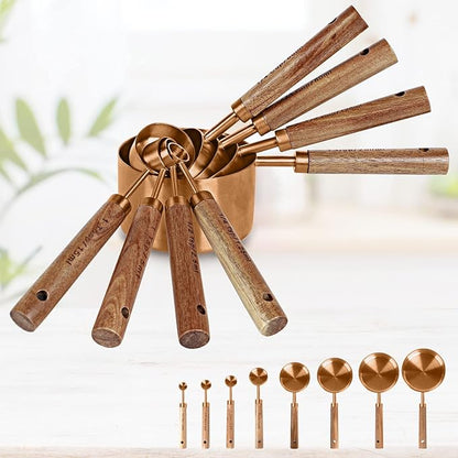 Collection 8 Piece Rose Gold Measuring Cups Set and Measuring Spoons, Golden With fragrant wood Handles-Complete Set of Measure Cups and Spoons For Cooking and Baking.