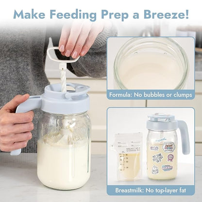 Papablic Glass Breastmilk Pitcher, Formula Mixing Pitcher with Mixing Handle Lid, Wide Mouth Mason Jar Mixer with Flip Locking Spout, Easy to Clean, BPA Free, Blue