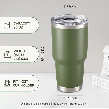 30 oz Tumbler with Lid Stainless Steel Tumblers Bulk Vacuum Insulated Cup Reusable Powder Coated Travel Mug Double Wall Leak Proof Cups Keep Cold Drinks for 12 Hours Army Green, Set of 8