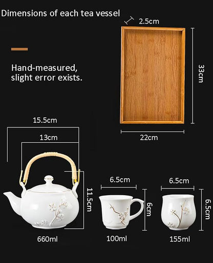 KEYDUACU Japanese Tea Set, Kiln-Formed Ceramic Tea Set, Plum Blossom Embossed, Includes 1 Teapot, 6 Teacups,Tea Tray,Strainer, Used for home, outdoor, gift, Chinese Kung Fu Tea Set(FDMH-GREEN)