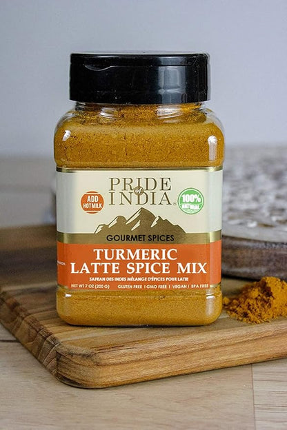 Pride of India - PACK of 6 - Turmeric Latte Spice Mix – Gourmet & Warm Tea Spice Blend – Healthy/Gluten-Free – Ideal for Lattes/Smoothies/Golden Milk – Easy to Store – 7 oz. Medium Dual Sifter Jar