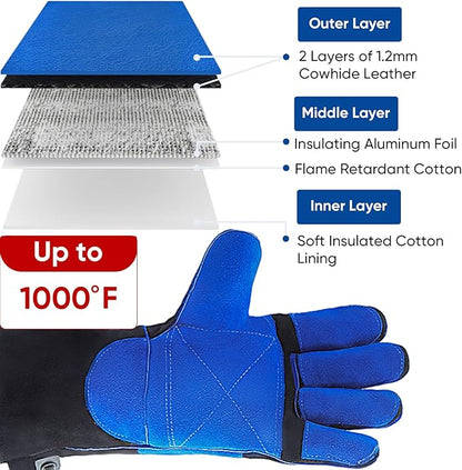 TICONN Welding Gloves, 1000°F Heat-Resistant Fireproof Leather Gloves for Welders, Stick, Forge, Mig, Tig, BBQ, Baking, Oven