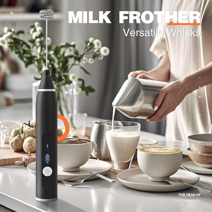 Milk Frother Rechargeable Handheld Electric Whisk Coffee Frother Mixer with 2 Stainless Whisks 3 Speed Adjustable Foam Maker Blender for Coffee Matcha Latte Cappuccino Hot Chocolate（Black）