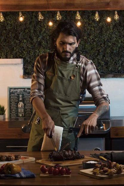 Asaya Chef and BBQ Apron with Bottle Opener and Hand Towel - 10oz Cotton Canvas, Stainless Steel Hardware - Cross Back Straps