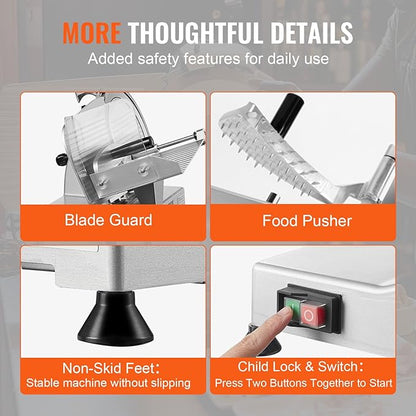 Meat Slicer, 340W Electric Deli Food Slicer with 10" SUS420 Stainless Steel Blade and Built-in Sharpening Stone, 0-0.6 inch Adjustable Thickness for Commercial and Home Use, Cut Meat and Cheese
