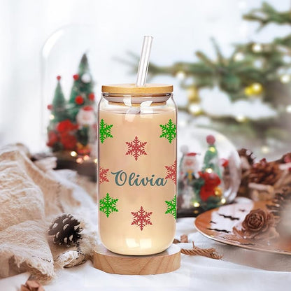 Personalised Christmas Cup, 18oz Clear Glass Cups with Lids and Straws，Cute Cups for Women，Snowflake Design, Reusable Drinking Cup with Bamboo Lids, Christmas Gifts for Men, Women and Friends
