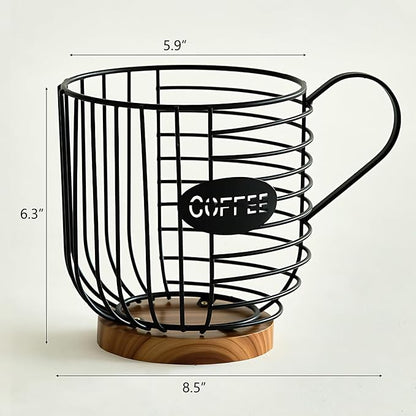 Coffee Pod Holder,Bar Accessories - Espresso Pod Holder - Large Capacity Black Wire Coffee Basket With Wooden Base